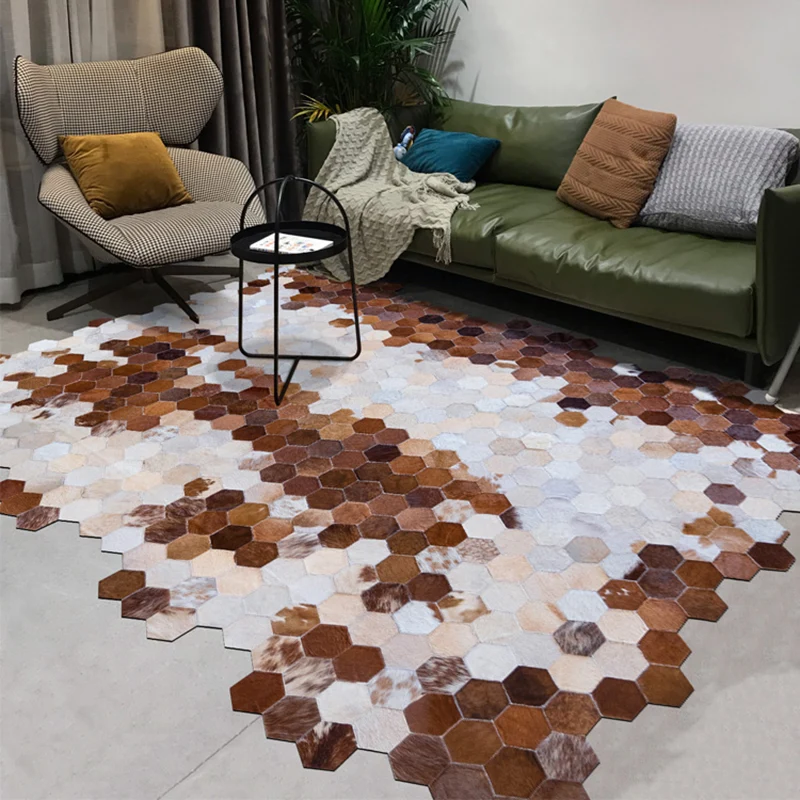Alfombra creativa con estampado geométrico, alfombra de piel de vaca marrón, alfombra interior de fácil cuidado que admite...