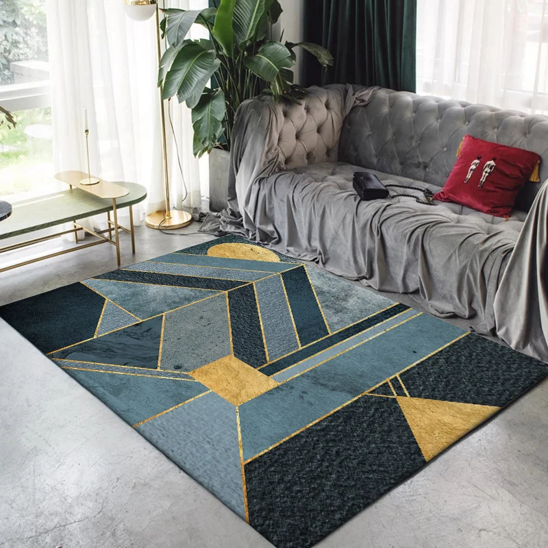 Alfombra de dormitorio azul, alfombra moderna geométrica con patrón de forma Irregular, alfombra de poliéster lavable máqu...