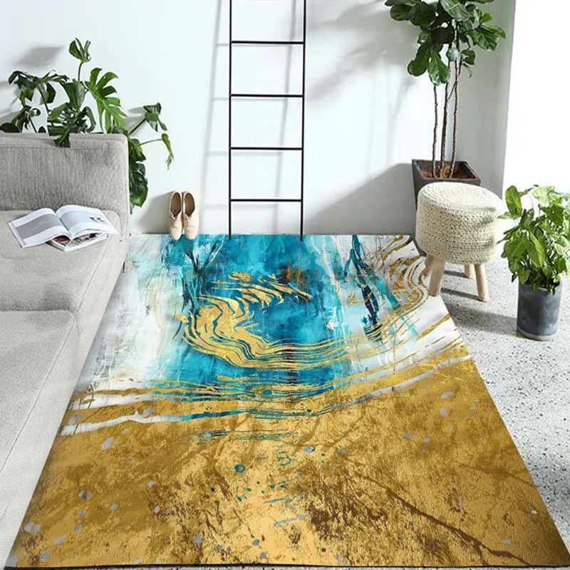 Alfombra de dormitorio azul y dorado, alfombra moderna con patrón abstracto, alfombra de poliéster resistente las manchas...