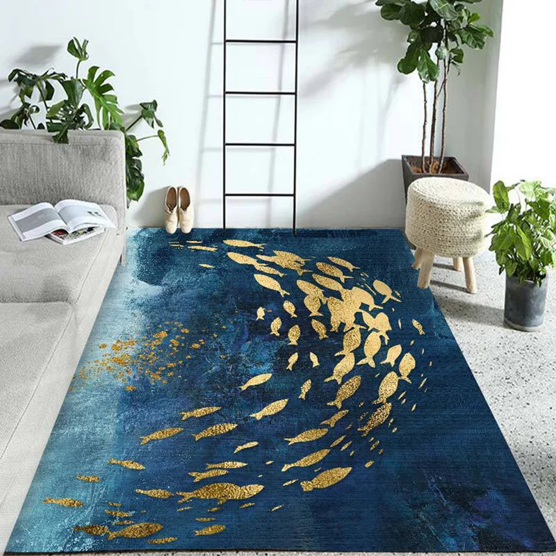 Alfombra de dormitorio azul y dorado, alfombra moderna con patrón abstracto, alfombra de poliéster resistente las manchas...