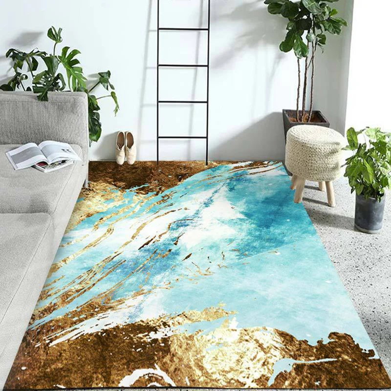 Alfombra de dormitorio azul y dorado, alfombra moderna con patrón abstracto, alfombra de poliéster resistente las manchas...