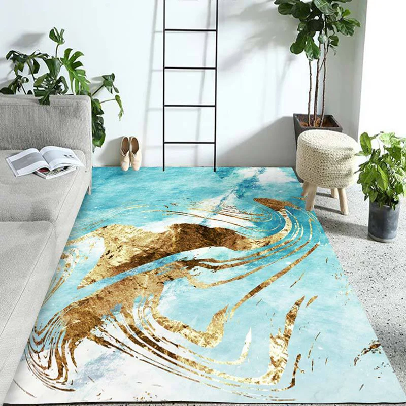 Alfombra de dormitorio azul y dorado, alfombra moderna con patrón abstracto, alfombra de poliéster resistente las manchas...