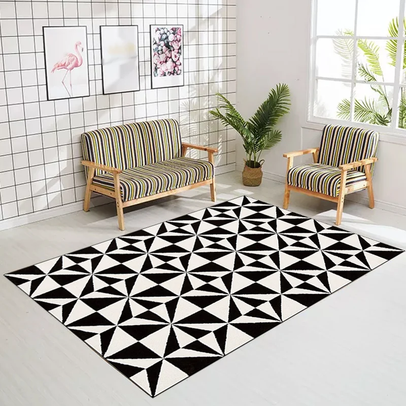 Alfombra de dormitorio en blanco y negro, alfombra moderna con patrón de triángulo geométrico, alfombra de poliéster resis...