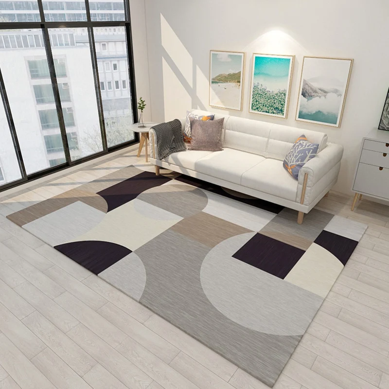 Alfombra de dormitorio gris y azul, alfombra moderna con diseño geométrico de bloques de colores, alfombra de poliéster qu...