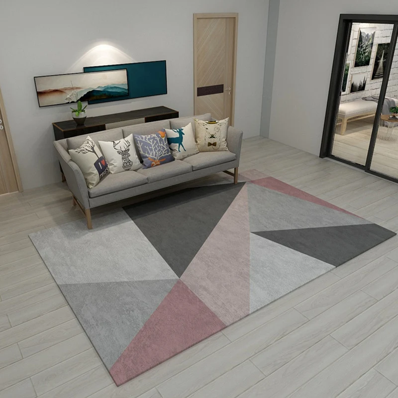 Alfombra de dormitorio gris y azul, alfombra moderna con diseño geométrico de bloques de colores, alfombra de poliéster qu...