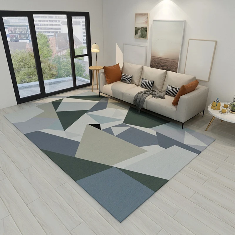 Alfombra de dormitorio gris y azul, alfombra moderna con diseño geométrico de bloques de colores, alfombra de poliéster qu...