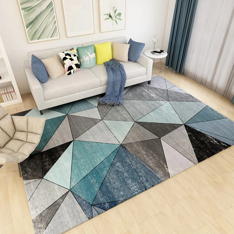 Alfombra de dormitorio gris y azul, alfombra moderna con diseño geométrico de bloques de colores, alfombra de poliéster qu...