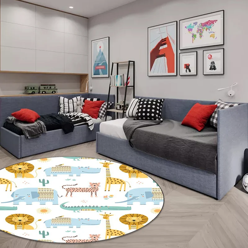 Alfombra de dormitorio para niños con estampado de animales, león, elefante, cocodrilo, alfombra de poliéster lavable máqu...