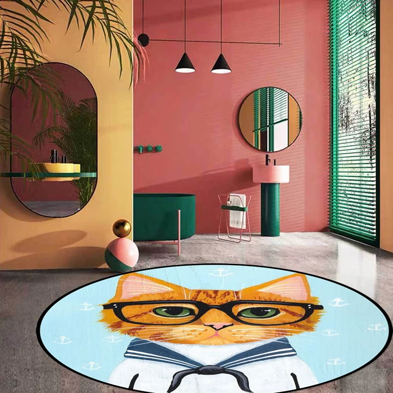 Alfombra de dormitorio para niños en verde y azul, alfombra con estampado de gafas de gato y animales, alfombra de poliést...