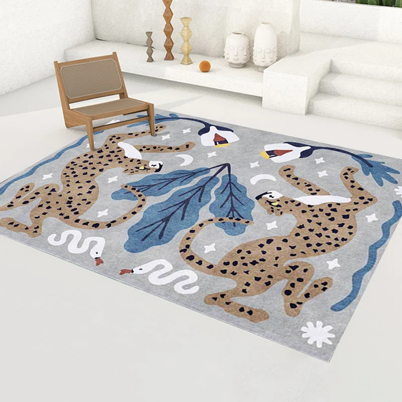 Alfombra elegante con estampado de animales, alfombra nórdica gris y azul, alfombra lavable de poliéster con respaldo anti...
