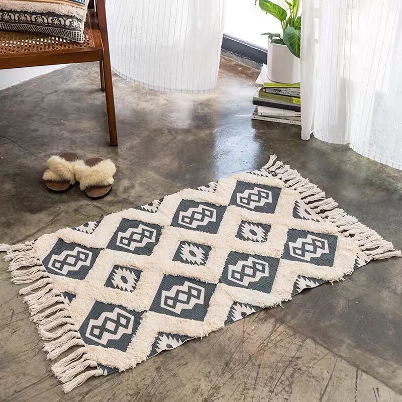 Alfombra elegante con estampado de diamantes, alfombra bohemia multicolor de algodón, alfombra lavable que admite mascotas...