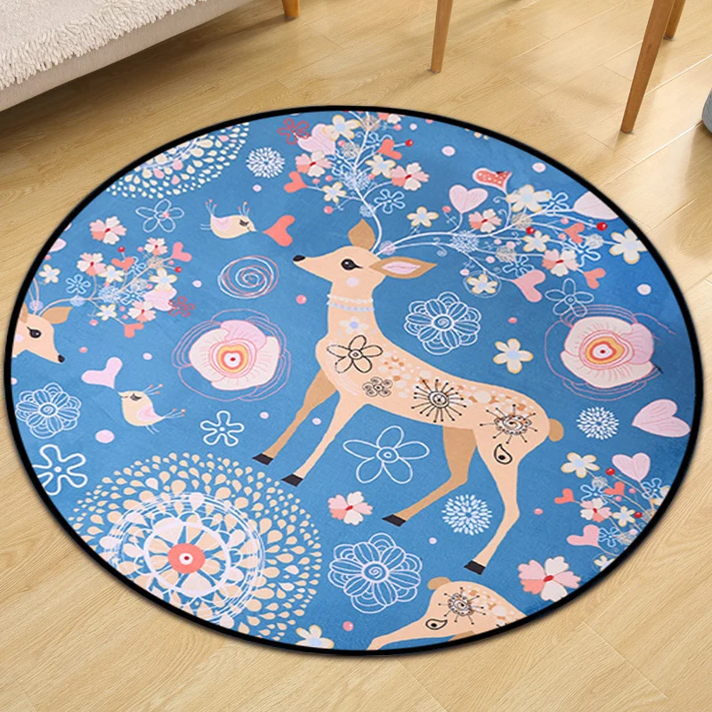 Alfombra infantil para guarderí con estampado floral de ciervos y animales azules, alfombra de poliéster resistente las ma...