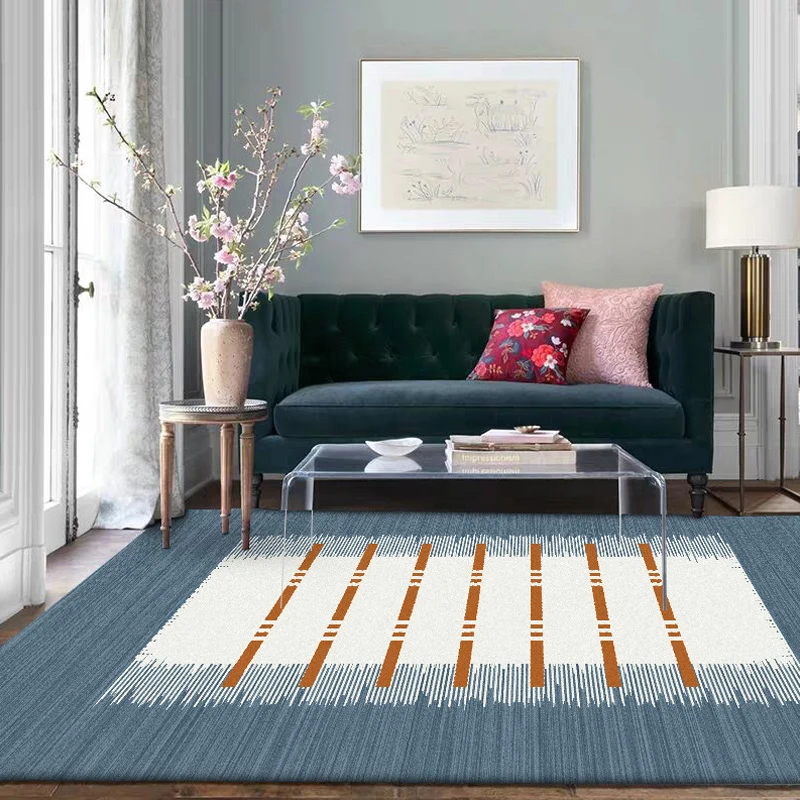 Alfombra informal con estampado de rayas, alfombra de poliéster azul y blanco, alfombra antideslizante lavable máquina par...