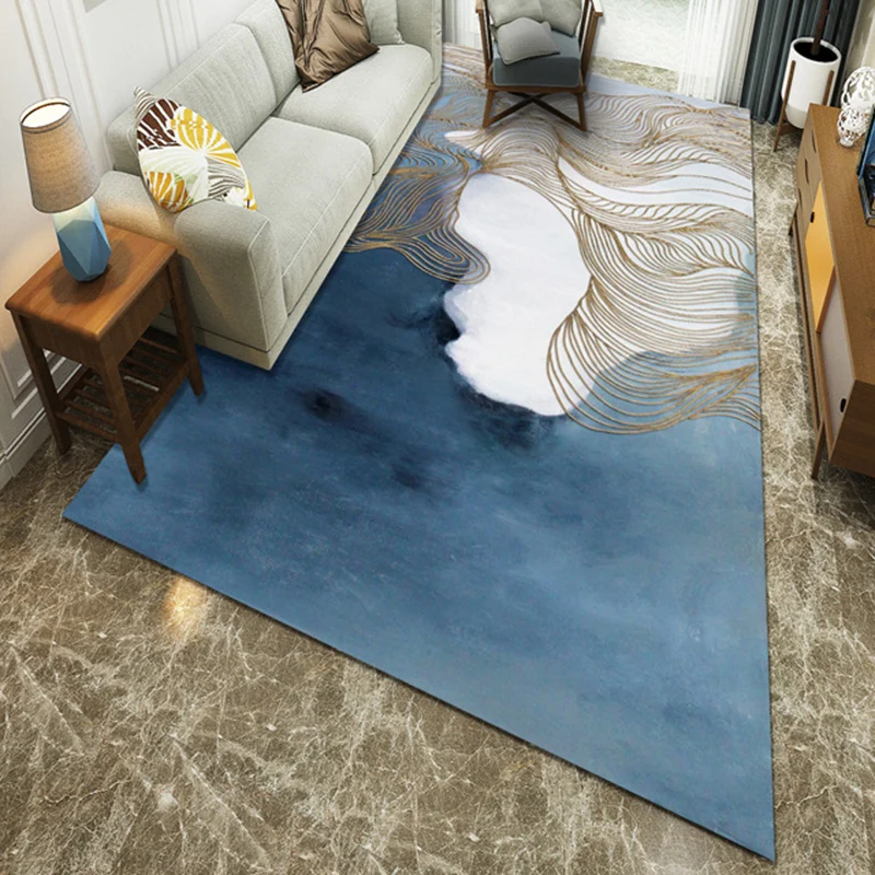 Alfombra lavable de área azul, pintura de tinta de poliéster modernista con alfombrillas de salón de línea curva Azul Clea...