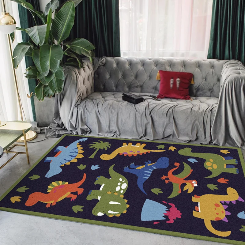 Alfombra linda para niños con diseño de hierba de dinosaurio animal azul, alfombra de poliéster resistente las manchas par...