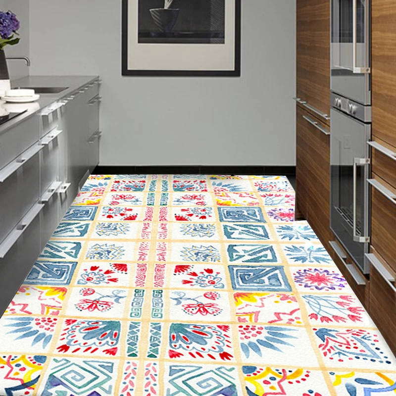 Alfombra marroquí amarilla de poliéster con diseño floral de llaves griegas, alfombra antideslizante para dormitorio Azul...