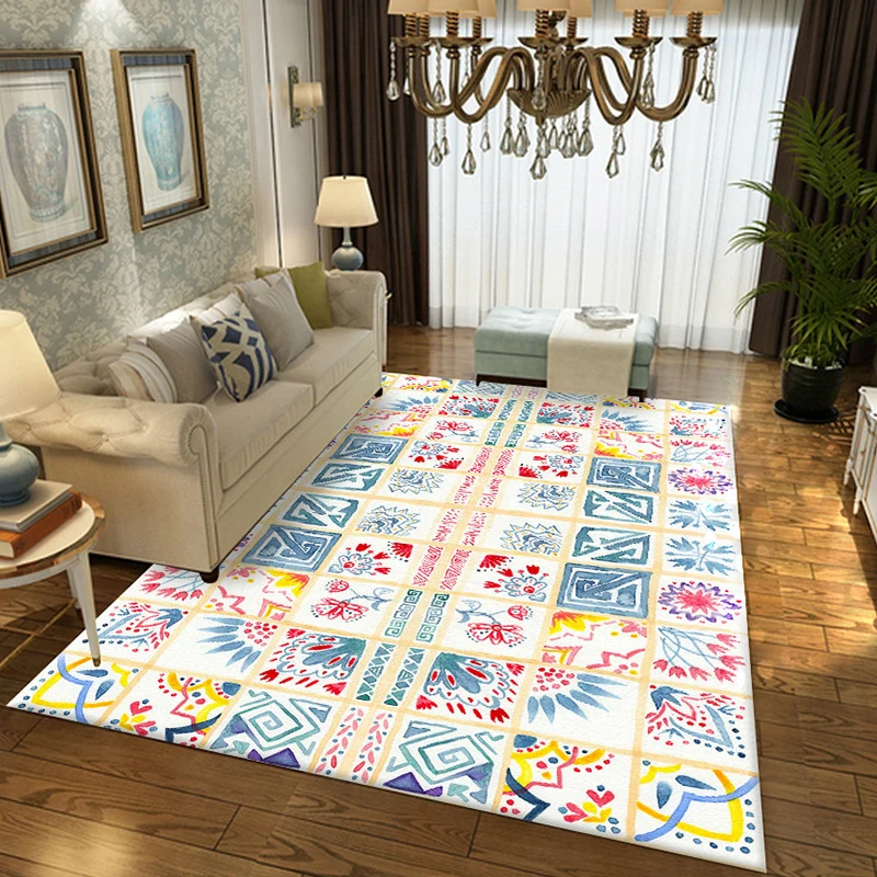 Alfombra marroquí amarilla de poliéster con diseño floral de llaves griegas, alfombra antideslizante para dormitorio Azul...