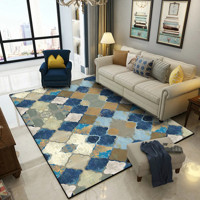 Alfombra marroquí multicolor de poliéster con patrón geométrico conopial, alfombra lavable antideslizante para salón Azul...