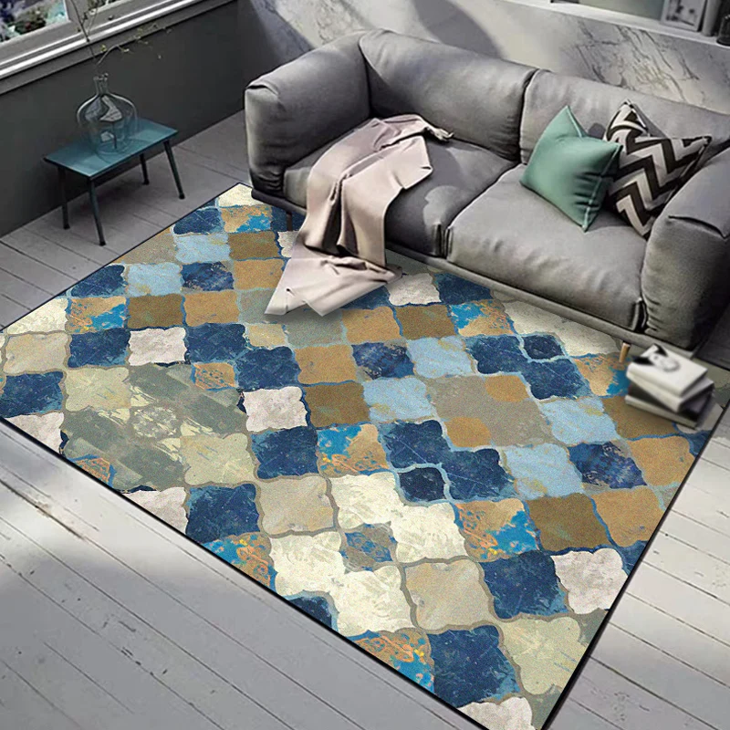 Alfombra marroquí multicolor de poliéster con patrón geométrico conopial, alfombra lavable antideslizante para salón Azul...