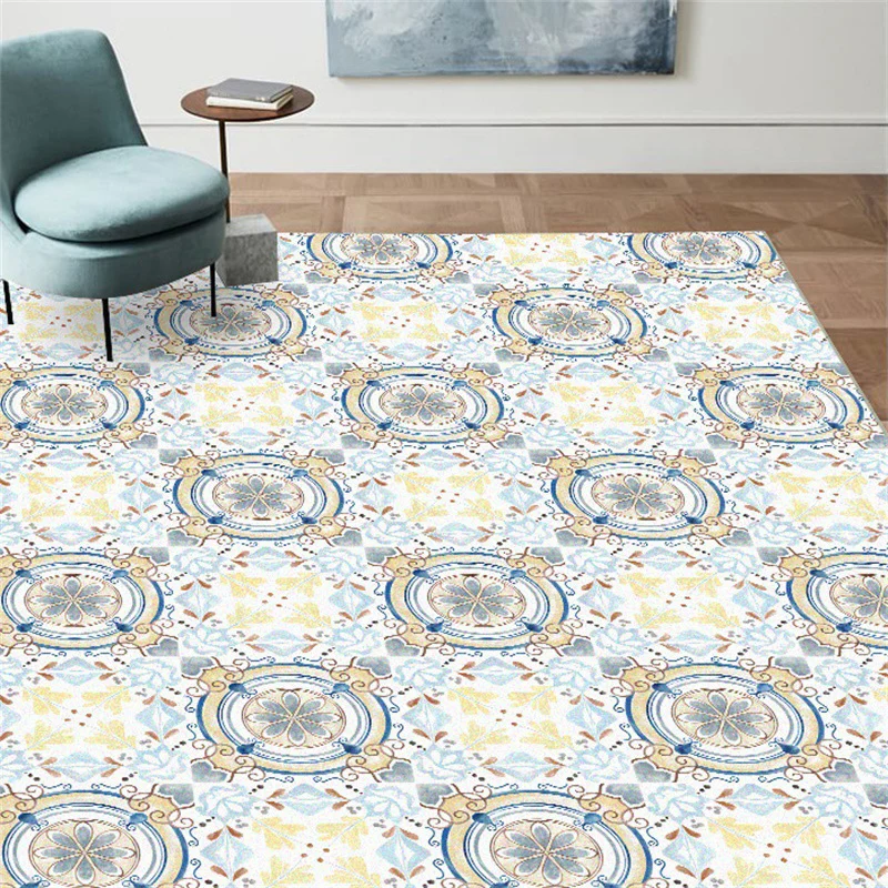 Alfombra marroquí para sala de estar, alfombra con estampado de círculos de flores azules y amarillas, alfombra antidesliz...