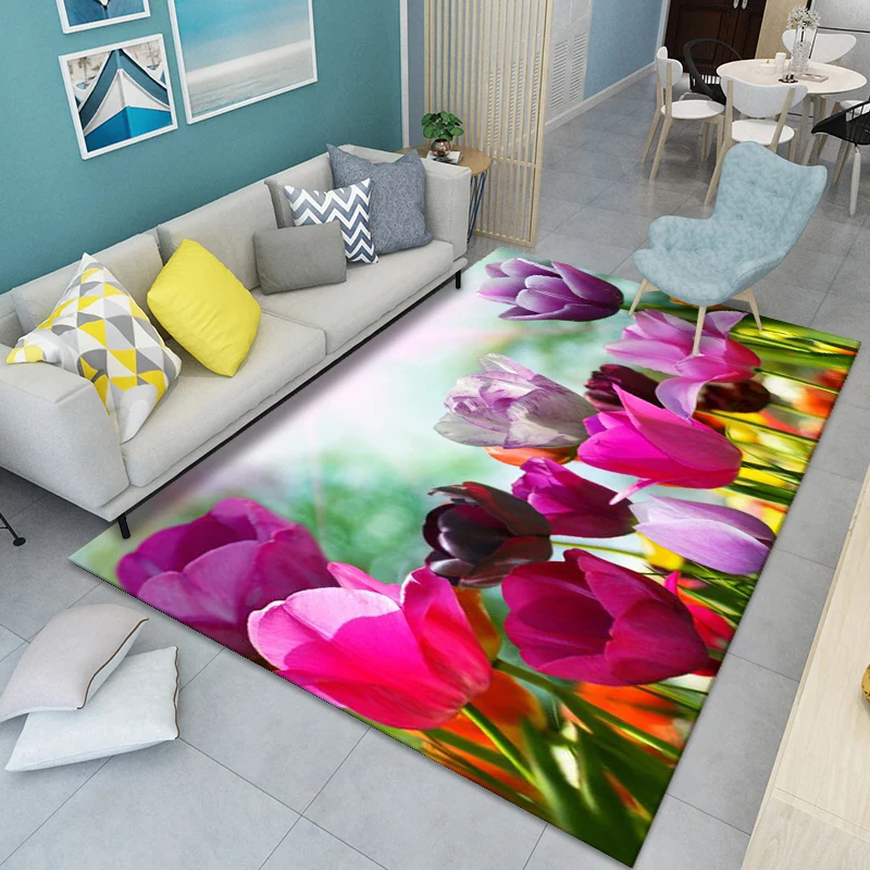 Alfombra moderna con estampado floral, alfombra interior de poliéster multicolor, alfombra resistente las manchas que admi...