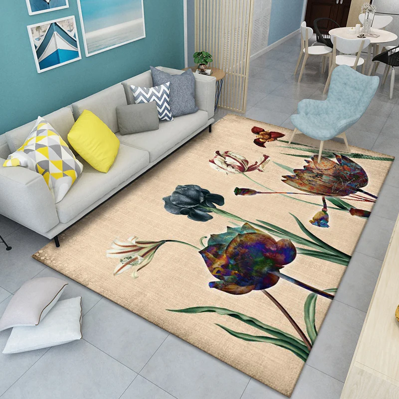 Alfombra moderna con estampado floral, alfombra interior de poliéster multicolor, alfombra resistente las manchas que admi...