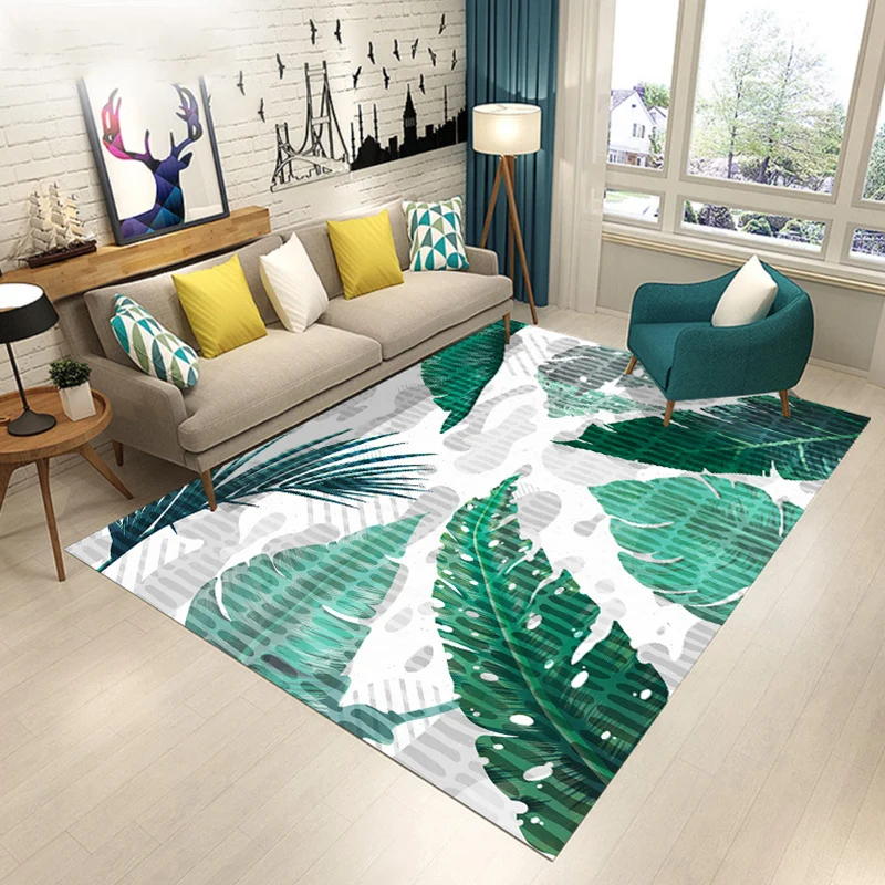 Alfombra moderna contemporánea en verde y amarillo, alfombra con estampado de hojas florales botánicas, alfombra lavable d...