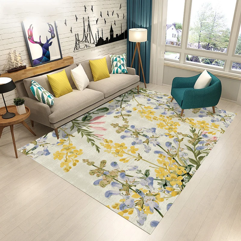 Alfombra moderna contemporánea en verde y amarillo, alfombra con estampado de hojas florales botánicas, alfombra lavable d...