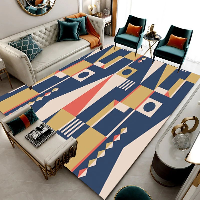 Alfombra moderna informal en color azul y amarillo, alfombra con patrón geométrico, alfombra antideslizante de poliéster p...