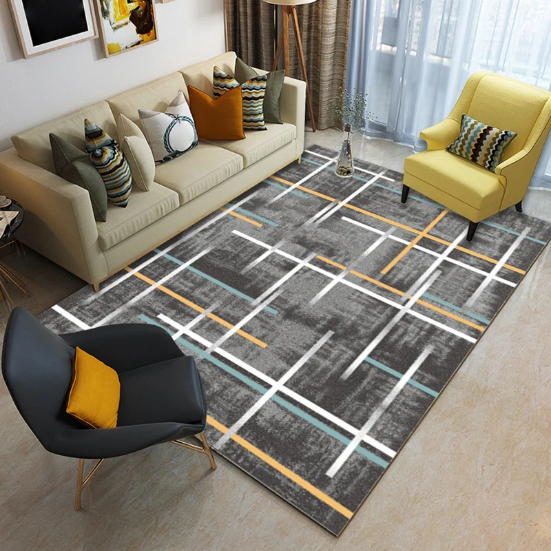 Alfombra moderna para sala de estar, alfombra lavable de poliéster con patrón de rayas de colores abstractos marrones Gris...