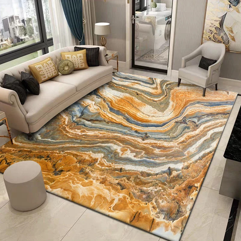 Alfombra moderna para sala de estar, alfombra con estampado de textura de roca abstracta naranja, alfombra lavable de poli...