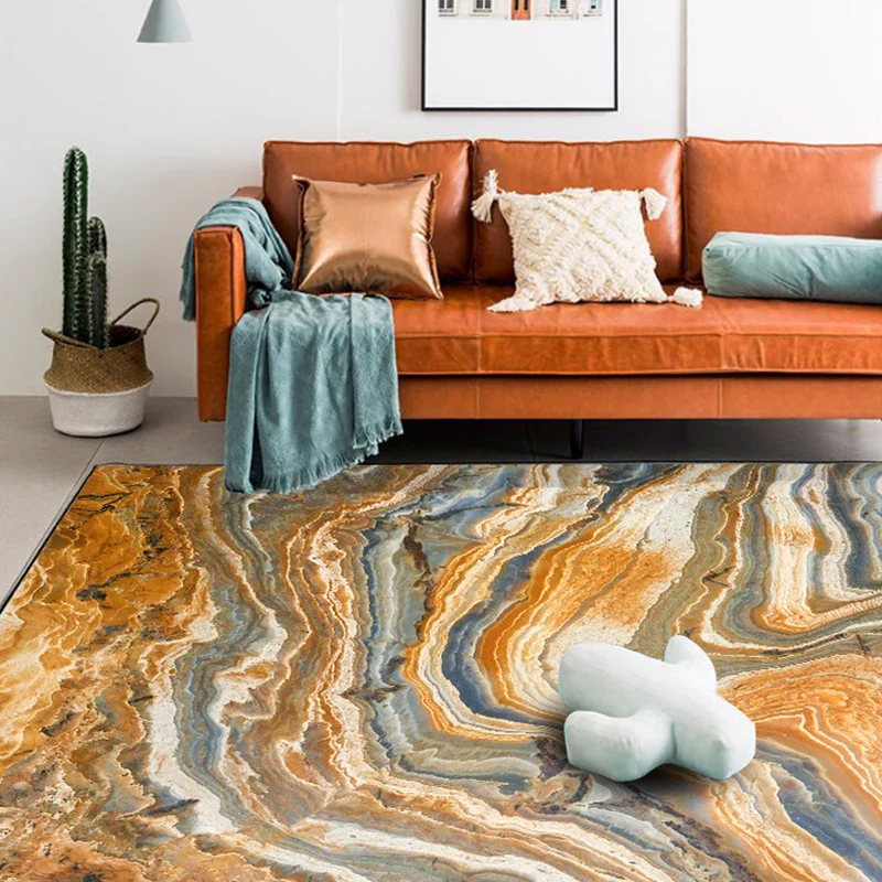 Alfombra moderna para sala de estar, alfombra con estampado de textura de roca abstracta naranja, alfombra lavable de poli...