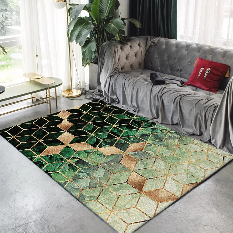 Alfombra moderna para sala de estar, alfombra con estampado de hojas hexagonales geométricas verdes, alfombra de poliéster...