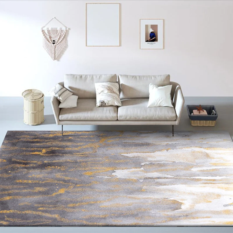 Alfombra moderna para sala de estar con estampado de manchas de pintura abstracta gris, alfombra lavable de poliéster Gris...