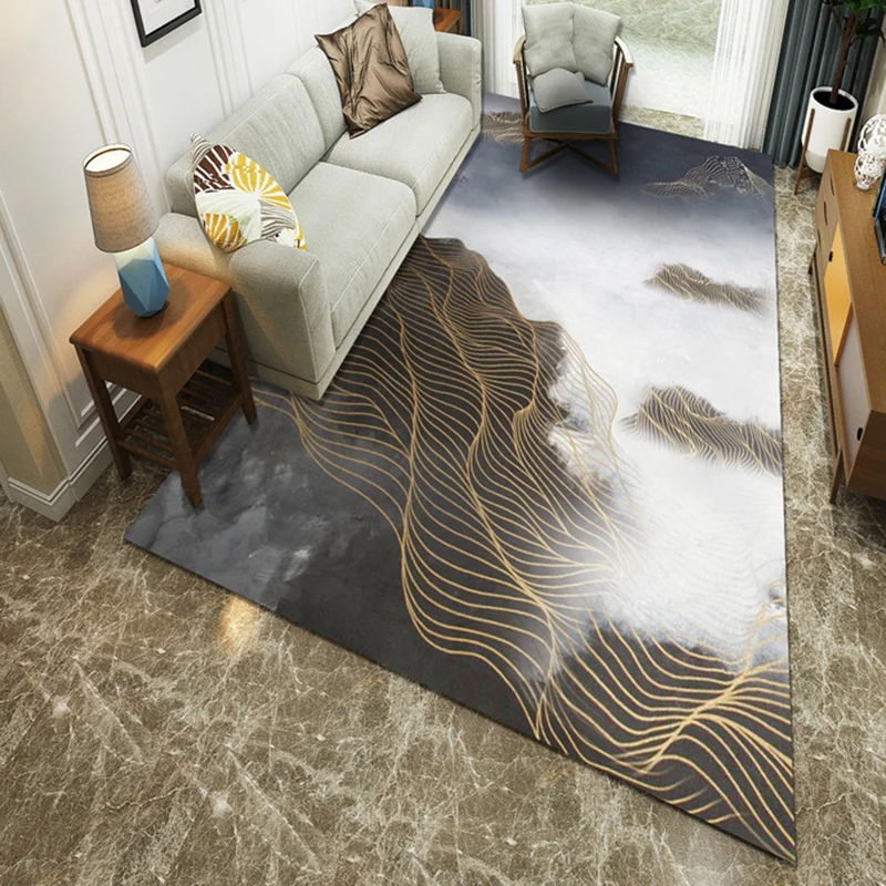Alfombra Modernista de Poliéster Lavable Gris Oscuro Alfombra para Sala de Estar con Pintura de Tinta y Línea Dorada Gris...