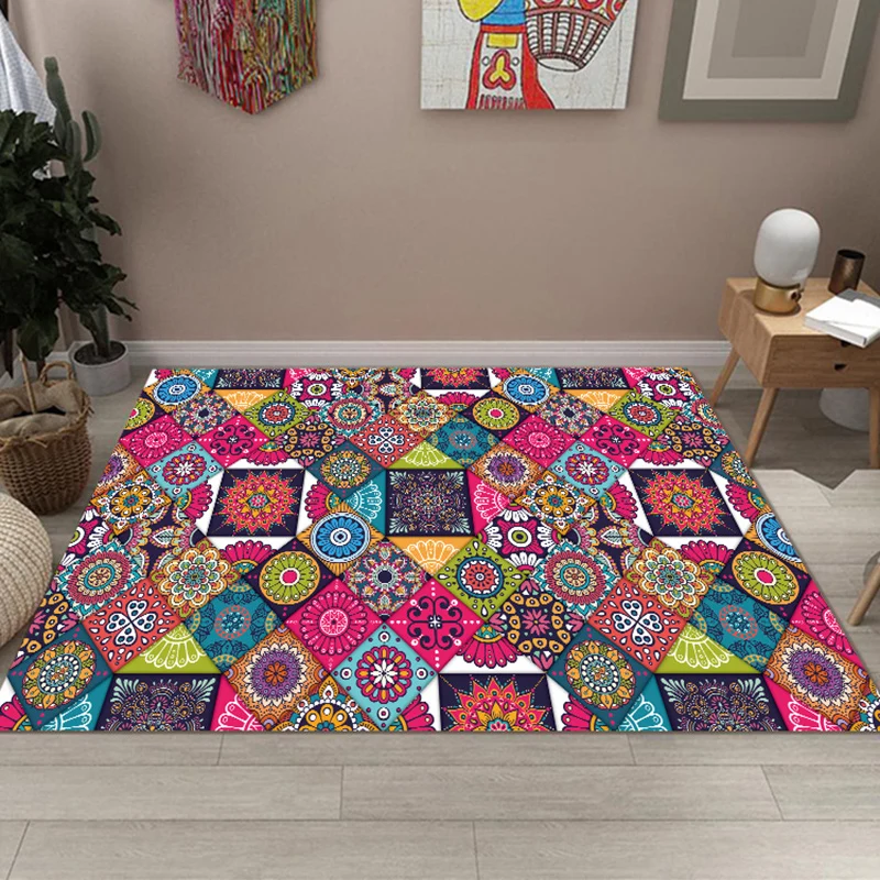 Alfombra multicolor para dormitorio, alfombra con estampado de flores de rombo marroquí, alfombra de poliéster antidesliza...
