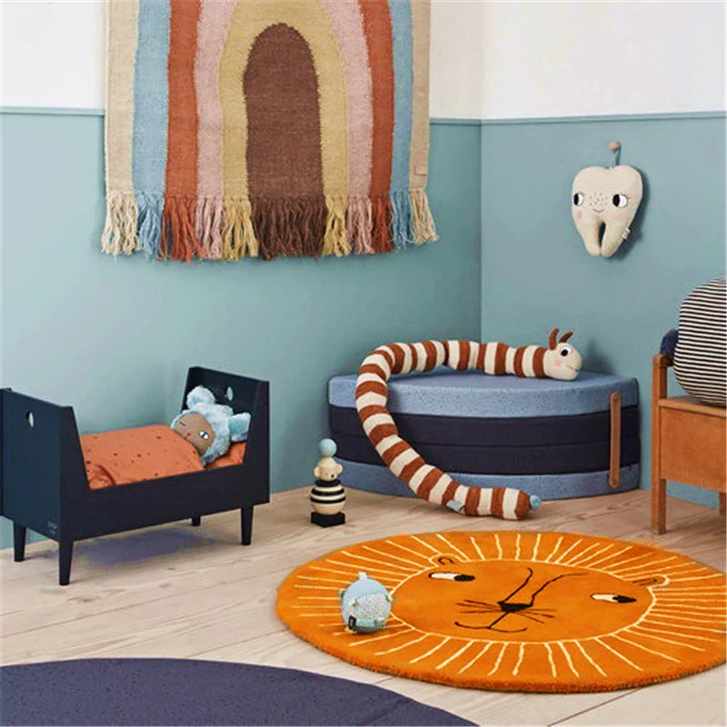 Alfombra multicolor para habitación de niños, alfombra relajante con estampado de animales, mezcla de algodón, respaldo an...