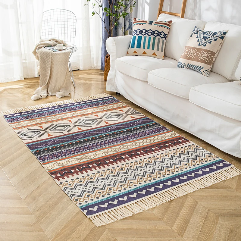 Alfombra Multicolor para sala de estar, alfombra bohemia rayas y con patrón geométrico, alfombra lavable de lino con respa...