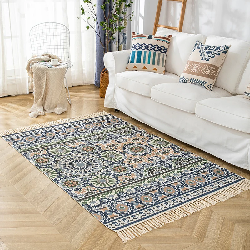 Alfombra Multicolor para sala de estar, alfombra bohemia rayas y con patrón geométrico, alfombra lavable de lino con respa...