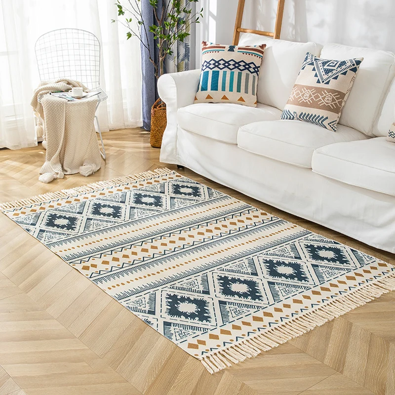 Alfombra Multicolor para sala de estar, alfombra bohemia rayas y con patrón geométrico, alfombra lavable de lino con respa...