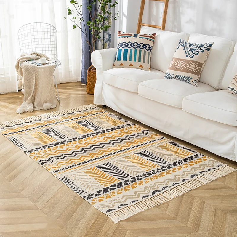 Alfombra Multicolor para sala de estar, alfombra bohemia rayas y con patrón geométrico, alfombra lavable de lino con respa...