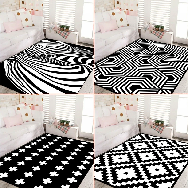 Alfombra novedosa en blanco y negro, alfombra geométrica con ilusiones ópticas de polipropileno, resistente las manchas, a...