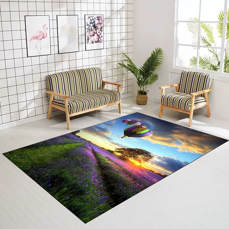 Alfombra novedosa morada y azul, alfombra de poliéster con diseño de lavanda y globos, alfombra lavable con respaldo antid...