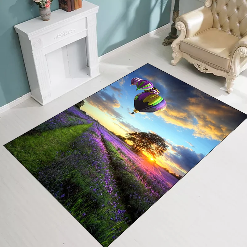 Alfombra novedosa morada y azul, alfombra de poliéster con diseño de lavanda y globos, alfombra lavable con respaldo antid...