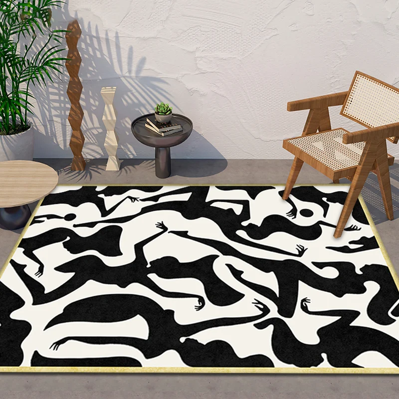 Alfombra nórdica elegante, alfombra abstracta en blanco y negro, alfombra lavable antideslizante que admite mascotas para...