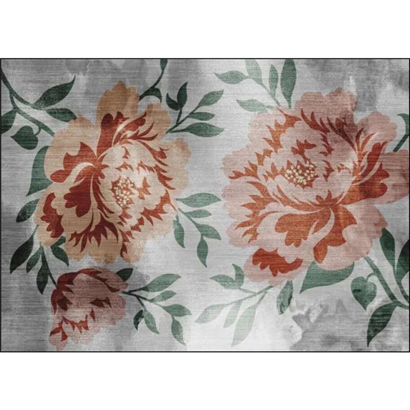 Alfombra oriental gris y roja, alfombra de poliéster con estampado floral y de hojas, alfombra lavable con respaldo antide...