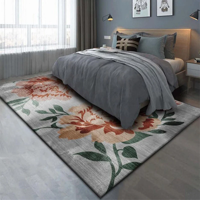Alfombra oriental gris y roja, alfombra de poliéster con estampado floral y de hojas, alfombra lavable con respaldo antide...