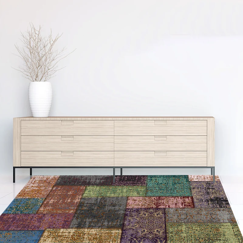 Alfombra oriental marroquí, alfombra lavable de poliéster con estampado rectangular de bloques de colores coloridos para d...