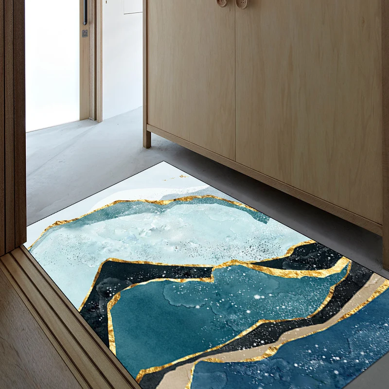 Alfombra de pintura contemporánea con alfombra de poliéster verde y azul de montañ, alfombra lavable antideslizante para d...