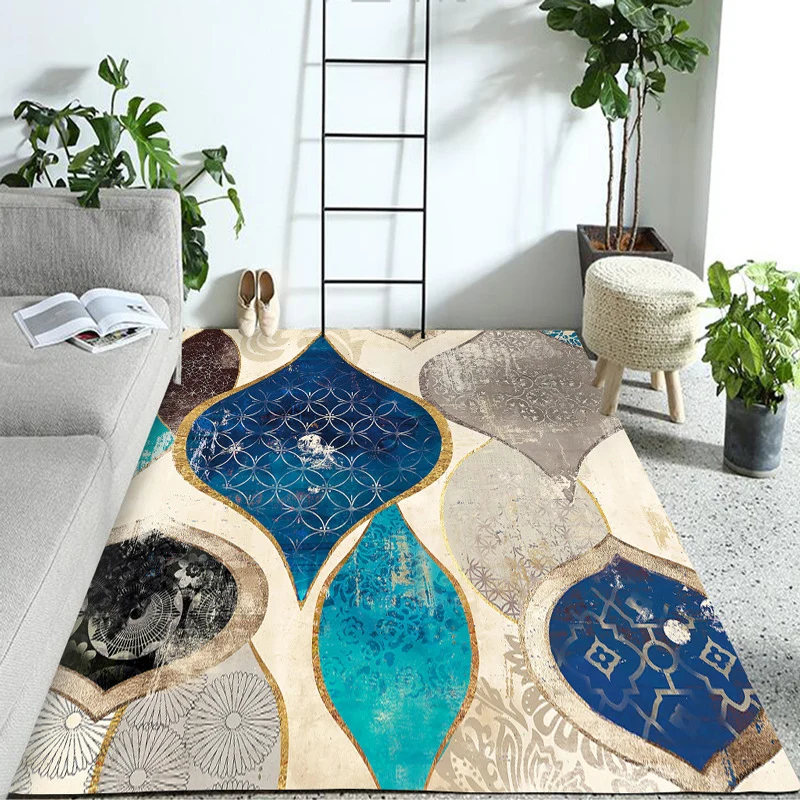 Alfombra de poliéster azul, lavable máquina, alfombras de salón de estilo moderno con patrón abstracto Azul Clearhalo